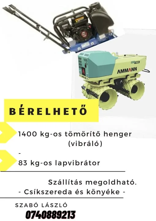 Bérelhető tömörítő henger és lapvibrátor